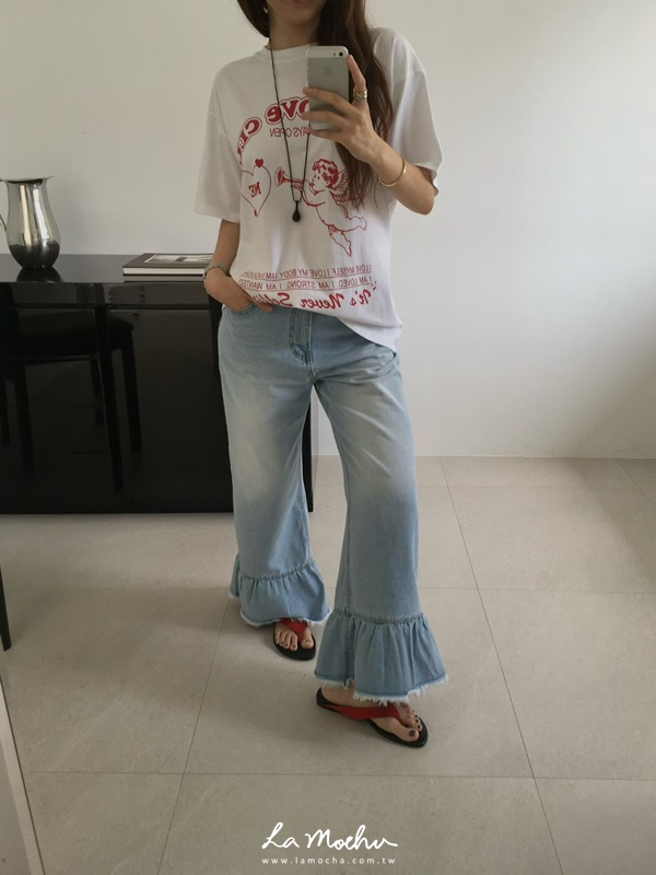 不收邊褲腳荷葉牛仔褲